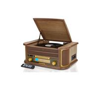 Denver 8-in-1 CD Bluetooth Cassette Player Retro Wooden Record Player HiFi System - 3 Speed Vinyl Turntable & Cassette With CD Player, FM/AM Radio, MP3 USB Recording, AUX IN And Line Out - MCR-50BT