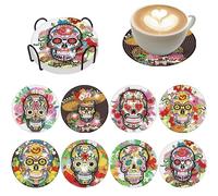 Denylo pro 8 Pieces Halloween Diamond Coater Colorful Skull Diamond Art Coasters Kits with Holder DIY Mexico Skull Diamond Art Coaster for Adults Diamond Kits