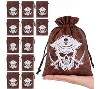 DEODARI Pirate Treasure Bags 12pk Drawstring Pirate Party Favor Pouches | 12pk Faux Leather Drawstring Bags 4.3X6" Pirate Party Favor Bags for Kids’ Parties Treasure Hunts Goodie Bags & Coins Storage