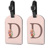 Deokke 2 Pack Initial Letter Luggage Tag Monogram Suitcase Tags PU Leather Cover Aesthetic Cute Monogrammed Travel Bag Labels for Women Girls Men (Pink-D)