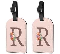 Deokke 2 Pack Initial Letter Luggage Tag Monogram Suitcase Tags PU Leather Cover Aesthetic Cute Monogrammed Travel Bag Labels for Women Girls Men (Pink-R)