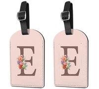Deokke 2 Pack Initial Letter Luggage Tag Monogram Suitcase Tags PU Leather Cover Aesthetic Cute Monogrammed Travel Bag Labels for Women Girls Men (Pink-E)