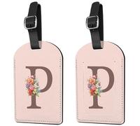 Deokke 2 Pack Initial Letter Luggage Tag Monogram Suitcase Tags PU Leather Cover Aesthetic Cute Monogrammed Travel Bag Labels for Women Girls Men (Pink-P)