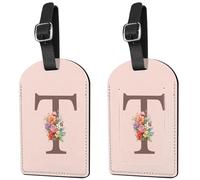 Deokke 2 Pack Initial Letter Luggage Tag Monogram Suitcase Tags PU Leather Cover Aesthetic Cute Monogrammed Travel Bag Labels for Women Girls Men (Pink-T)