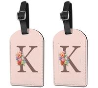 Deokke 2 Pack Initial Letter Luggage Tag Monogram Suitcase Tags PU Leather Cover Aesthetic Cute Monogrammed Travel Bag Labels for Women Girls Men (Pink-K)