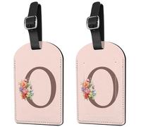 Deokke 2 Pack Luggage Tag Suitcase Tags Initial Letter Monogram PU Leather Cover Aesthetic Cute Monogrammed Travel Bag Labels for Women Girls Men (Pink-O)