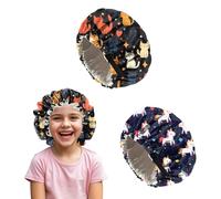Deokke 2 PCS Kids Bonnets for Girls Boys Satin Hair Bonnet Adjustable Double Layer Silk Child Night Sleeping Cap Cute (M7-Colorful Cat)