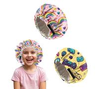 Deokke 2 PCS Shower Cap Kids Satin Bonnet Adjustable Double Layer Child Sleeping Cap Cute Colorful Night Sleep Caps (M15-Rainbow Game)