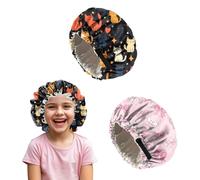 Deokke 2 PCS Shower Cap Kids Satin Bonnet Adjustable Double Layer Child Sleeping Cap Cute Colorful Night Sleep Caps (M14-Cat Bowknot)