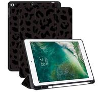Deokke Compatible with iPad 6th/5th Generation Case(2018/2017) iPad 9.7 inch Air 2/Air 1 Case with Pencil Holder and Soft TPU Back Auto Sleep/Wake Cover-Black Purple Leopard Cheetah