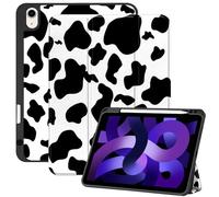 Deokke Compatible with iPad Air Case 11 Inch M3 2025,M2 2024 5th/4th Generation 10.9 Inch (2022/2020) with Pencil Holder TPU Back Case Auto Sleep/Wake Cover Cute Women Girls-Black White Cow