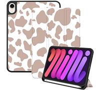 Deokke Compatible with iPad Mini 7 Case(A17 Pro) 2024 iPad Mini 6 Case 8.3 Inch 2021,Pencil Holder Soft Back Auto Sleep/Wake Cover Women Men Girls Cute-Brown Cow
