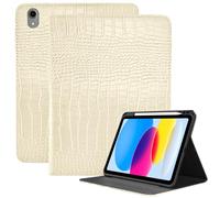 Deokke Premium Leather Compatible with iPad (A16)11th Generation 11 Inch Case 2025,iPad 10th Generation 10.9 Inch Case 2022,Pencil Holder Folio Crocodile Auto Sleep/Wake Cover Women Girls(Creamy)