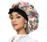 Deokke Satin Hair Braid Bonnet for Sleeping Double Layer Elastic Wide Soft Tie Band Sleeping Hair Silk Lined Sleep Cap for Women Girls(A2-Red Flower)