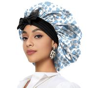 Deokke Satin Hair Braid Bonnet for Sleeping Double Layer Elastic Wide Soft Tie Band Sleeping Hair Silk Lined Sleep Cap for Women Girls (A15-Blue Cow)