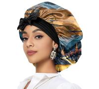 Deokke Satin Hair Braid Bonnet for Sleeping Double Layer Elastic Wide Soft Tie Band Sleeping Hair Silk Lined Sleep Cap for Women Girls (A12-Sunset)
