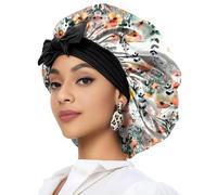 Deokke Satin Hair Braid Bonnet for Sleeping Double Layer Elastic Wide Soft Tie Band Sleeping Hair Silk Lined Sleep Cap for Women Girls (A3-Floral Leaf)