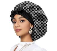 Deokke Satin Hair Braid Bonnet for Sleeping Double Layer Elastic Wide Soft Tie Band Sleeping Hair Silk Lined Sleep Cap for Women Girls (A17-Black Grey Checkered)