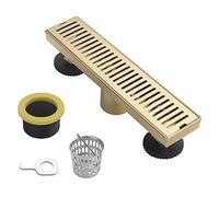 DEOKXZ 12 Inch Brushed Gold Linear Shower Drain, Removable Rectangle Shower Drain Capsule Pattern Cover Grate With Adjustable Horizontal Foot Thread Adapter, Brass Finish 304 Stainless