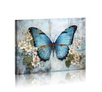 DEORAIO Blue Butterfly Canvas Wall Art Vintage Rustic Country Butterfly Fantasy Girls Wall Art forLiving Room Bedroom Home Decorations Framed Ready To Hang 12x16 inches