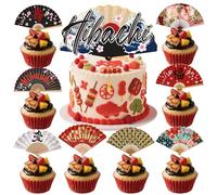 Deorfuy Hibachi Birthday Party Decorations, 25PCS Japanese Style Paper Fans Cake Decor, Japanese Cake Topper and Cupcake Toppers, Asian Baby Shower Wedding Birthday Supplies Cupcake Picks