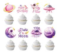 Deorfuy Two the Moon Birthday Girl Party Decorations, 40PCS Outer Space 2nd Birthday Cupcake Toppers Decorations for Girl, Space Theme Pink Planet Rocket Cupcake Picks 2 Years Old Decor