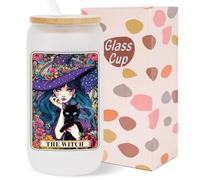 Deorfuy Witchy Glass Cup Gifts for Women Girls, 16 Oz Tarot Card the Witch Theme Frosted Glass Cups with Lids Straws, Gothic Girl and Black Cat Halloween Tumbler Birthday Presents for Friends