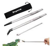 Depeew 3 Pack Stainless Steel Reptile Feeding Tongs, 10.6" Straight & Curved Long Tweezers with Rubber Tip and Feeding Spoon for Bearded Dragon Tank Accessories, Silver