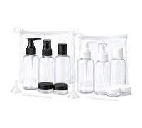 Dependable Industries inc. Essentials 2 Sets Travel Bottles for Toiletries, TSA Approved Size, Black & White Refillable Bottles and Jars with Funnels, Spoons & Clear Pouches