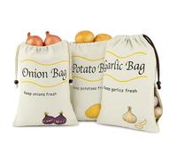 Dependable Industries Inc. Essentials 3 pack Onion Potato & Garlic Storage Bags Keeps Fresher Longer Drawstring Closure Side Zipper Blackout Interior