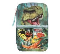 Depesche 11757 Dino World Danger-Filled 3-Compartment Pencil Case with Trex Motif, Dark Green Pencil Case with Colouring Pencils, Ruler, Scissors and Much More, Blue [Toy]
