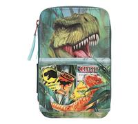 Depesche 11757 Dino World Danger-Filled 3-Compartment Pencil Case with Trex Motif, Dark Green Pencil Case with Colouring Pencils, Ruler, Scissors and Much More, Blue [Toy]