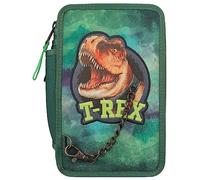 Depesche 12506 Dino World Filled 3-Compartment Pencil Case in Dinosaur Design with Chain, Pencil Case with Colouring Pencils, Ruler, Scissors etc