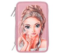 Depesche 12522 TOPModel Glitter Queen - Filled 3-Compartment Pencil case with Glitter Stones on The Front and Decorated Back, Pencil case with Colored Pencils, Ruler, Scissors etc.
