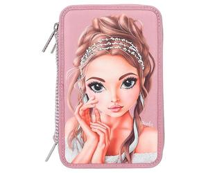Depesche 12522 TOPModel Glitter Queen - Filled 3-Compartment Pencil case with Glitter Stones on The Front and Decorated Back, Pencil case with Colored Pencils, Ruler, Scissors etc.