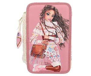Depesche 12583 TOPModel Cosy - Filled 3-Compartment Pencil Case, Model Motif with Teddy Faux Fur, Pencil Case with Coloured Pencils, Ruler, Scissors and Much More
