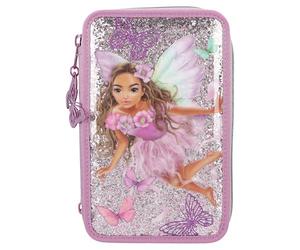 Depesche 12775 TOPModel Fairy Love - Filled 3-Compartment Pencil Case in Mauve with Model Motif and Butterflies, Pencil Case with Colouring Pencils, Ruler and Much More