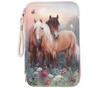 Depesche 12869 Miss Melody Flowers - Filled 3-Compartment Pencil Case in Pink with Horse Motif, Pencil Case with Coloured Pencils, Ruler, Scissors and Much More, Pink, Playful-Floral