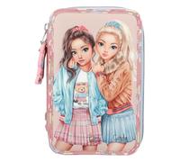 Depesche 13009 TOPModel Team Teddy Filled 3-Compartment Pencil Case in Rose with Model Motif and Pendant, Pencil Case with Colouring Pencils, Ruler, Scissors and Much More