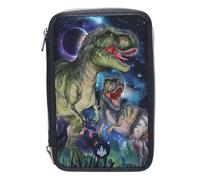 Depesche 13131 Dino World Galaxy - Filled 3-Compartment Pencil Case with Dinosaur Motif and LED Lights, Pencil Case with Colouring Pencils, Ruler, Scissors and Much More