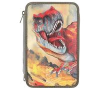 Depesche 13135 Dino World Filled 3-Compartment Pencil Case in Olive Green, Motif with 3D Effect, Pencil Case with Coloured Pencils, Ruler, Scissors and Much More