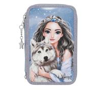 Depesche 13149 TOPModel Wolf Filled 3-Compartment Pencil Case Dark Blue with Pattern Star and Glitter Coloured Pencils Ruler, Scissors and Blue