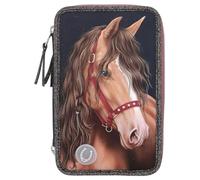 Depesche 13190 Miss Melody Glitter Horse-Filled 3-Compartment Pencil Case in Dark Blue, with Horse Motif, Glitter and LED Lights, Pencil Case with Colouring Pencils, Ruler, Scissors and Much More,