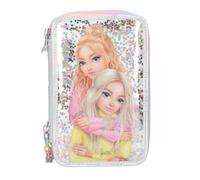 Depesche 13196 TOPModel Electric - Filled 3-Compartment Pencil case in Silver, with Model Motif and Colourful Star Confetti, Pencil case with Crayons, Ruler, Scissors and Much More.