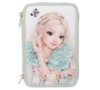 Depesche 13303 TOPModel Summer Feeling Filled 3-Compartment Pencil Case in Sage Green, with Model Motif and Flowers, Pencil Case with Colouring Pencils, Ruler, Scissors and Much More