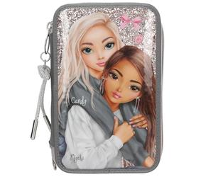 Depesche 13315 TOPModel My BFF Filled 3-Compartment Pencil Case in Grey and Pink, with Model Motif and Glitter, Pencil Case with Colouring Pencils, Scissors, Ruler and much more