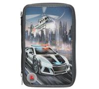 Depesche 13333 Monster Cars - Filled 3-Compartment Pencil Case in Grey, with LED Effect and Police Motif, Pencil Case with Coloured Pencils, Scissors, Ruler and Much More