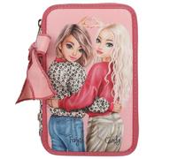 Depesche 13639 TOPModel Leoheart - Filled 3-Compartment Pencil Case in Pink and Red, with Model Motif and Leo Print, Pencil Case with Colouring Pencils, Scissors, Ruler and Much More