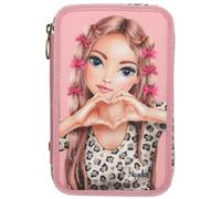 Depesche 13640 TOPModel Leoheart - Filled 3-Compartment Pencil Case in Pink with Model Motif and Bows, Pencil Case with Coloured Pencils, Scissors, Ruler and Much More