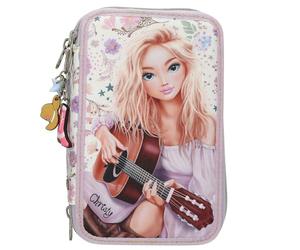 Depesche 13664 TOPModel Cowgirl - Filled 3-Compartment Pencil Case in Purple, with Model Motif and Flower Pattern, Pencil Case with Colouring Pencils, Scissors, Ruler and Much More
